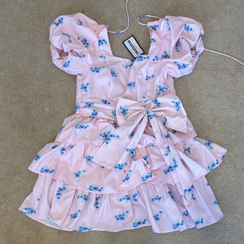 Pink Floral Tiered Dress with Waist Bow